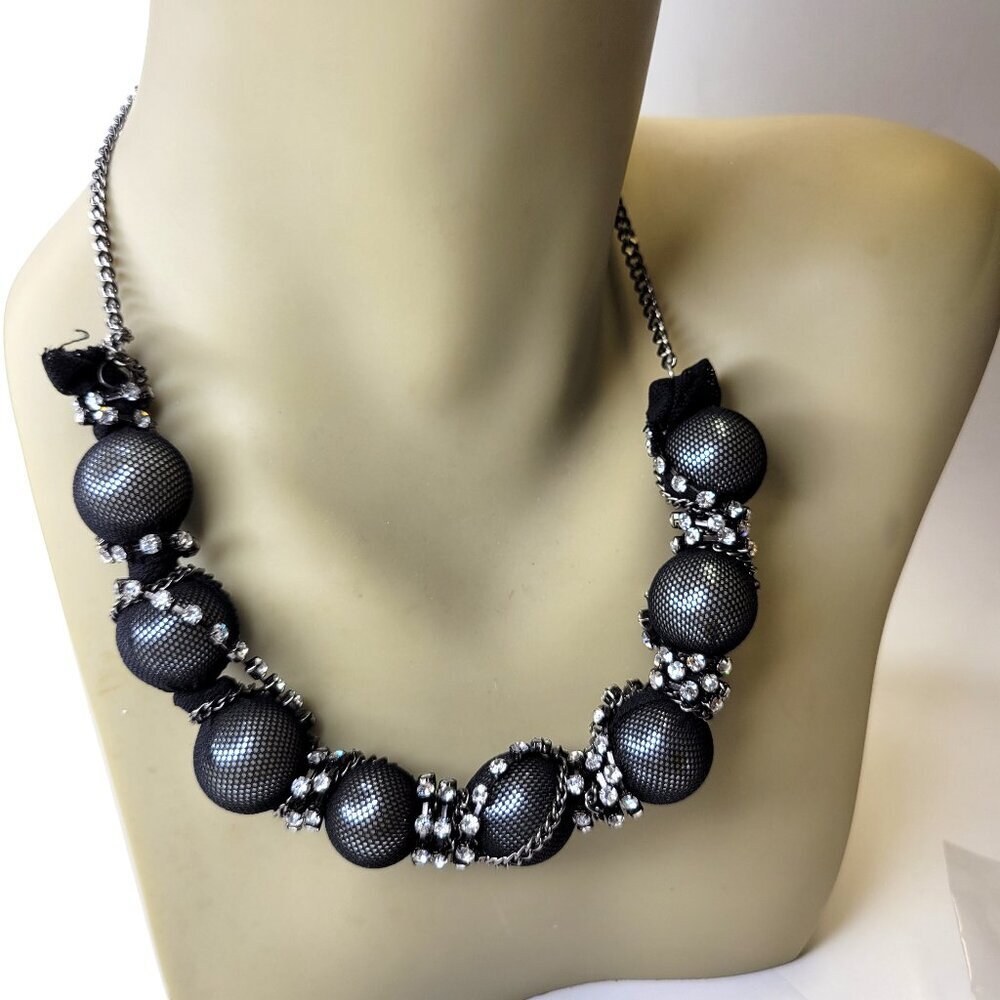 Black Mesh Balls and Crystal Choker Bib Necklace